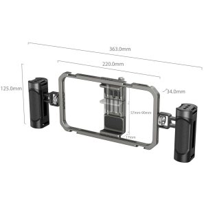 Tekninen kaavio SmallRig 4121 All-In-One Video Kit Mobile Basic -kameralaitteesta, joka on suorakulmainen kameralaite, jossa on kaksi sivukahvaa. Mitat: Leveys 363 mm, korkeus 125 mm, syvyys 34 mm; puhelimen pidikkeen leveys säädettävissä 57-90 mm.