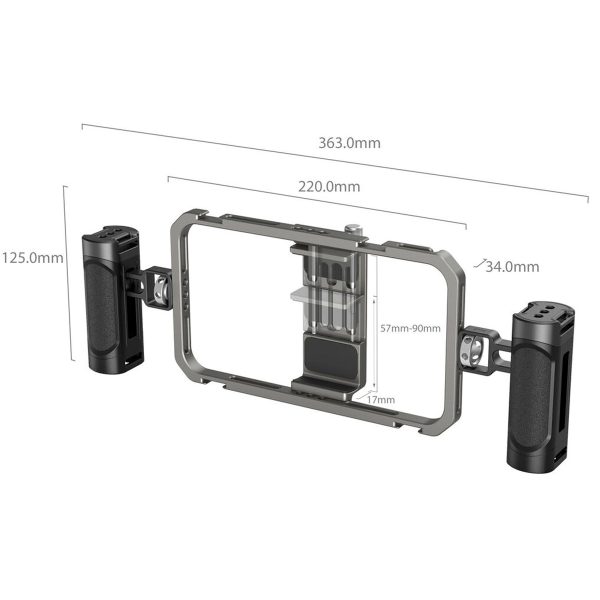 Tekninen kaavio SmallRig 4121 All-In-One Video Kit Mobile Basic -kameralaitteesta, joka on suorakulmainen kameralaite, jossa on kaksi sivukahvaa. Mitat: Leveys 363 mm, korkeus 125 mm, syvyys 34 mm; puhelimen pidikkeen leveys säädettävissä 57-90 mm.