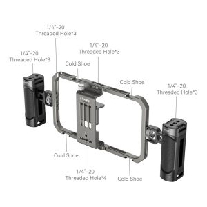 SmallRig 4121 All-In-One Video Kit Mobile Basic sisältää metallisen kamerahäkin, jossa on kaksi sivukahvaa, useita 1/4-20 kierteitettyjä reikiä ja kylmäkenkäkiinnikkeet lisävarusteille, jotka on merkitty selkeästi mukana toimitettuun asennuskaavioon.