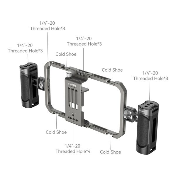 SmallRig 4121 All-In-One Video Kit Mobile Basic sisältää metallisen kamerahäkin, jossa on kaksi sivukahvaa, useita 1/4-20 kierteitettyjä reikiä ja kylmäkenkäkiinnikkeet lisävarusteille, jotka on merkitty selkeästi mukana toimitettuun asennuskaavioon.