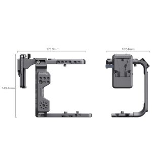 SmallRig 4124 Cage Kit for Sony FX6:n teknisessä kaaviossa on etu- ja sivukuvat sekä mitat: 173,9 mm leveys, 149,4 mm korkeus ja 102,4 mm syvyys, ja siinä on useita kiinnityspisteitä ja SmallRig-brändi.