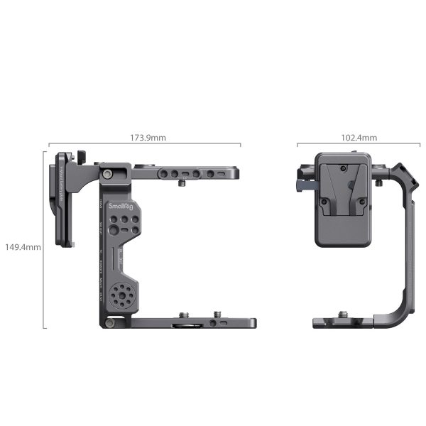 SmallRig 4124 Cage Kit for Sony FX6:n teknisessä kaaviossa on etu- ja sivukuvat sekä mitat: 173,9 mm leveys, 149,4 mm korkeus ja 102,4 mm syvyys, ja siinä on useita kiinnityspisteitä ja SmallRig-brändi.