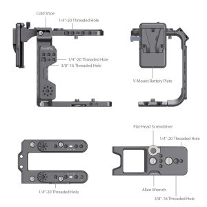 Kaavio, jossa näkyy eri näkymiä SmallRig 4124 Cage Kit for Sony FX6 -malliin, jossa on merkitty osat, mukaan lukien kylmäkenkä, V-mount-akkulevy, litteä ruuvimeisseli, kuusiokoloavain ja useita 1/4"-20 ja 3/8"-16 kierteisiä reikiä.
