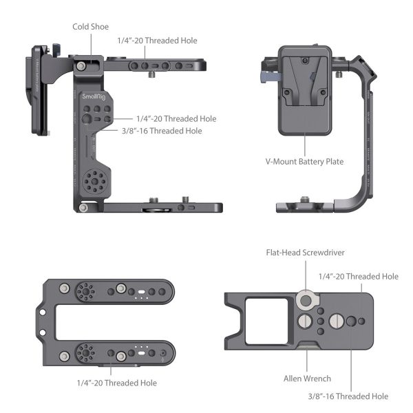 Kaavio, jossa näkyy eri näkymiä SmallRig 4124 Cage Kit for Sony FX6 -malliin, jossa on merkitty osat, mukaan lukien kylmäkenkä, V-mount-akkulevy, litteä ruuvimeisseli, kuusiokoloavain ja useita 1/4"-20 ja 3/8"-16 kierteisiä reikiä.