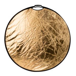 SmallRig 4127 Circular Reflector 56cm Collapsible 5-in-1 with Handle on pyöreä, ryppyinen kultainen heijastin, jossa on musta reunus ja kahva, ihanteellinen valokuvaukseen valon heijastamiseen.