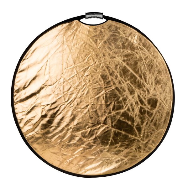 SmallRig 4127 Circular Reflector 56cm Collapsible 5-in-1 with Handle on pyöreä, ryppyinen kultainen heijastin, jossa on musta reunus ja kahva, ihanteellinen valokuvaukseen valon heijastamiseen.