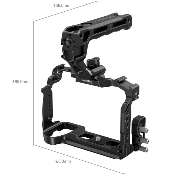 SmallRig-4143-2 SmallRig 4143 Cage Kit for Panasonic Lumix S5 II & S5 IIX is a black metal camera cage with a top handle 185 mm high, 165 mm wide and 135 mm long. The SmallRig branding is visible on the side.