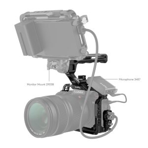 SmallRig-4143-3 The SmallRig 4143 Cage Kit for Panasonic Lumix S5 II & S5 IIX has a digital camera mounted on a monitor mount 2903B with an external monitor on top and a microphone 3487 attached to the side.