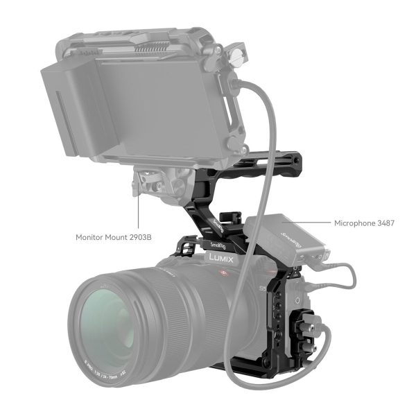 SmallRig-4143-3 The SmallRig 4143 Cage Kit for Panasonic Lumix S5 II & S5 IIX has a digital camera mounted on a monitor mount 2903B with an external monitor on top and a microphone 3487 attached to the side.