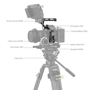 SmallRig-4143-4 The SmallRig 4143 Cage Kit for Panasonic Lumix S5 II & S5 IIX is shown mounted on a tripod, with the components labelled: monitor mount, microphone, V-mount battery, tracking focus, battery plate, 15mm rods and base plate.
