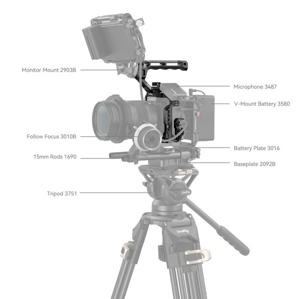 SmallRig-4143-4 The SmallRig 4143 Cage Kit for Panasonic Lumix S5 II & S5 IIX is shown mounted on a tripod, with the components labelled: monitor mount, microphone, V-mount battery, tracking focus, battery plate, 15mm rods and base plate.