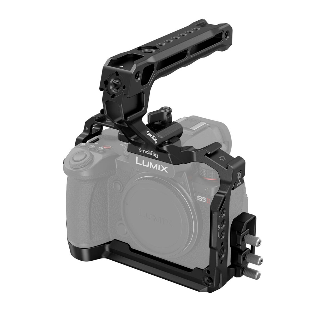 The Panasonic Lumix S5 II is attached to the SmallRig 4143 Cage Kit, which features a top handle and multiple mounting points for accessories, providing protection and flexible mounting options for video production equipment.