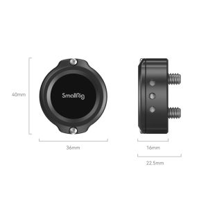 SmallRig 4149 Cage for Apple AirTag, pictured black and round, shown from front and side. Dimensions: 40 mm high, 36 mm wide (front), 16 mm deep, 22.5 mm wide (side). Two screws are shown in the side view.