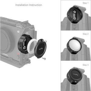 A exploded view showing the step-by-step installation of the SmallRig 4149 Cage for Apple AirTag camera cage into the camera cage, where the screws, white rubber ring and AirTag bracket are attached in three illustrated steps.