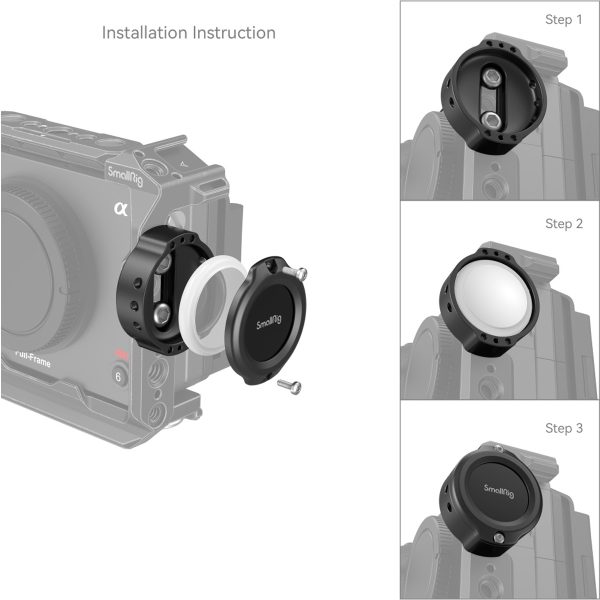 A exploded view showing the step-by-step installation of the SmallRig 4149 Cage for Apple AirTag camera cage into the camera cage, where the screws, white rubber ring and AirTag bracket are attached in three illustrated steps.