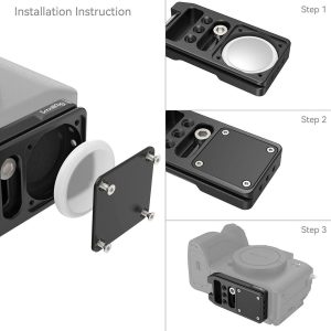 Kolmivaiheinen opas, jossa SmallRig 4150 Arca-Type Quick Release Plate for AirTag -levy kiinnitetään kameraan, lähikuvat jokaisesta vaiheesta ja loppukuva valmiiksi asennetusta kokoonpanosta.