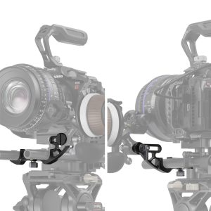 Lähikuva ammattimaisesta Canon-kameralaitteesta, jossa on tarkennuspyörä, näkyy kahdesta kulmasta, ja siinä korostuu linssin alle kiinnitetty musta metallinen SmallRig 4151 15 mm:n sauvakiinnike. Muut rigin osat ovat osittain haalistuneet.