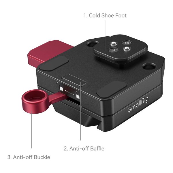 SmallRig 4189 -virtalähteen kiinnityslevy DJI RS -vakauttajille on musta ja punainen kameran lisävaruste, jossa on: 1. Cold Shoe Foot -jalka päällä, 2. Anti-off Baffle keskellä ja 3. Anti-off-solki sivulla.