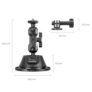 SmallRig 4193 Portable Suction Cup Mount Support for Action Cameras SC-1K (musta) on 128,6 mm korkea, 88 mm halkaisijaltaan, 34,6 mm korkeudeltaan ja 56,8 mm pitkä ja 28,4 mm korkea sivukappale.