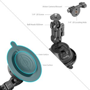 SmallRig 4193 SC-1K:n merkityssä kaaviossa näkyy toimintakameroille tarkoitettu imukiinnike, jossa on 1/4-20 ruuvi, 20 mm:n kuulapää ja paikoitusreikä, ja siinä korostetaan erikseen imukupin sisä- ja ulkopinnat.