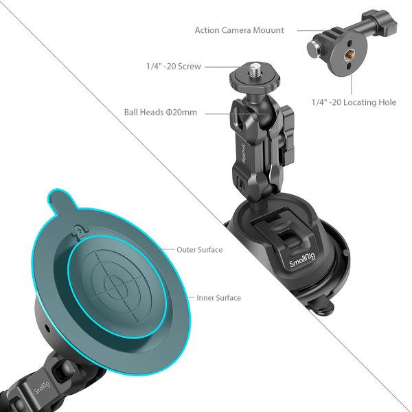SmallRig 4193 SC-1K:n merkityssä kaaviossa näkyy toimintakameroille tarkoitettu imukiinnike, jossa on 1/4-20 ruuvi, 20 mm:n kuulapää ja paikoitusreikä, ja siinä korostetaan erikseen imukupin sisä- ja ulkopinnat.