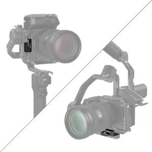 Jaettu kuva DSLR-kamerasta SmallRig 4195 Arca-Swiss Mount Plate for DJI RS 3 Mini -kiinnityslevyssä näyttää muistikorttipaikan (ylhäällä vasemmalla) ja akkulokeron (alhaalla oikealla), molemmat mustalla korostuksen vuoksi.