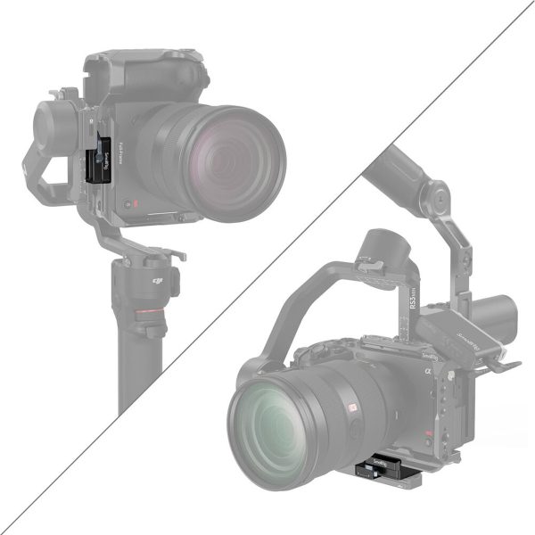 Jaettu kuva DSLR-kamerasta SmallRig 4195 Arca-Swiss Mount Plate for DJI RS 3 Mini -kiinnityslevyssä näyttää muistikorttipaikan (ylhäällä vasemmalla) ja akkulokeron (alhaalla oikealla), molemmat mustalla korostuksen vuoksi.