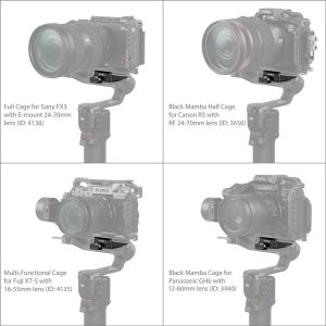 Neljässä kamerassa - Sony FX3, Canon R5, Fujifilm X-T5 ja Panasonic GH6 - on omat häkkinsä ja linssitietonsa, jotka kaikki on kiinnitetty SmallRig 4195 Arca-Swiss Mount Plate for DJI RS 3 Mini -levyllä.