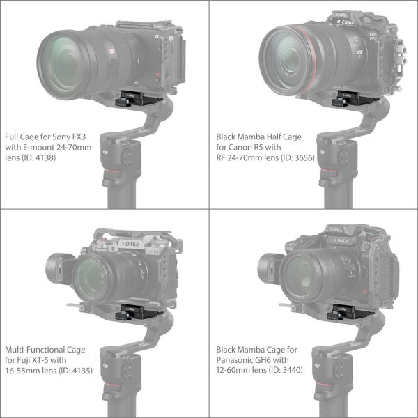 Neljässä kamerassa - Sony FX3, Canon R5, Fujifilm X-T5 ja Panasonic GH6 - on omat häkkinsä ja linssitietonsa, jotka kaikki on kiinnitetty SmallRig 4195 Arca-Swiss Mount Plate for DJI RS 3 Mini -levyllä.