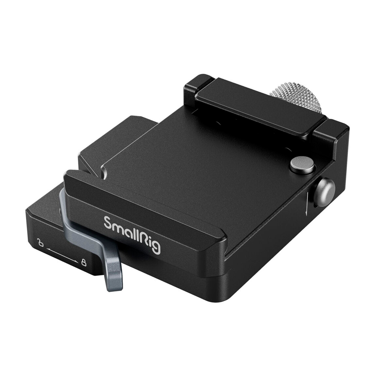 SmallRig 4195 Arca-Swiss Mount Plate for DJI RS 3 Mini on musta pikakiinnityslevy, jossa on hopeinen säätönuppi ja lukitusvipu ja joka on suunniteltu kameroiden tai lisävarusteiden kiinnittämiseen jalustoihin tai jalustoihin.