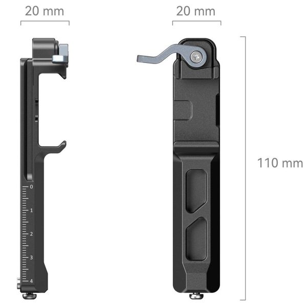 SmallRig 4196 Extended Vertical Support for DJI RS3 Mini -laitteen sivu- ja etunäkymät, musta metalli, jossa on vipuja ja lovia, 110 mm korkea ja 20 mm leveä, kuvassa merkityt mitat.