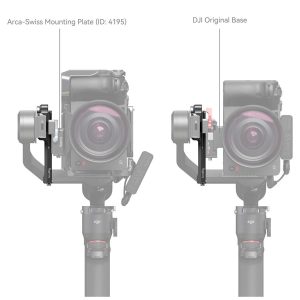 SmallRig 4196 Extended Vertical Support for DJI RS3 Mini (vasemmalla, Arca-Swiss Mounting Plate) ja DJI Original Base (oikealla) kameran vertailu vierekkäin, ja kiinnitysasetukset on merkitty tarroilla.