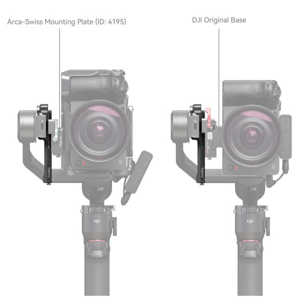 SmallRig 4196 Extended Vertical Support for DJI RS3 Mini (vasemmalla, Arca-Swiss Mounting Plate) ja DJI Original Base (oikealla) kameran vertailu vierekkäin, ja kiinnitysasetukset on merkitty tarroilla.