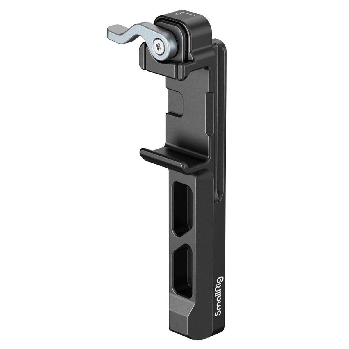 SmallRig 4196 Extended Vertical Support for DJI RS3 Mini is a black metal camera accessory with a lever lock, two rectangular cutouts and the SmallRig logo on the bottom.