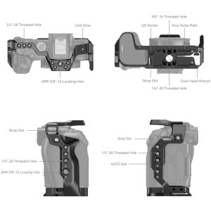 SmallRig 4212 Cage for Canon EOS R8 on esitetty neljästä kulmasta, ja siinä korostetaan merkittyjä ominaisuuksia, kuten hihna-aukkoja, kylmäkenkää, QD-liitäntää, Arca-Swiss-levyä, erilaisia kierteitettyjä ja paikannusreikiä, NATO-kiskoa ja kaksoispääavainta.