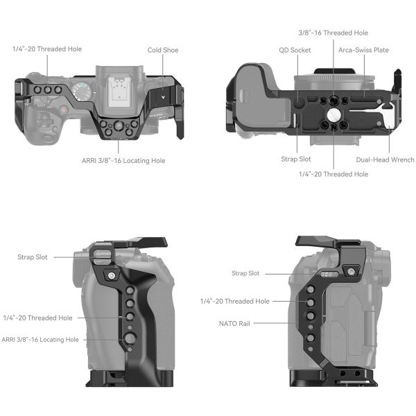 SmallRig 4212 Cage for Canon EOS R8 on esitetty neljästä kulmasta, ja siinä korostetaan merkittyjä ominaisuuksia, kuten hihna-aukkoja, kylmäkenkää, QD-liitäntää, Arca-Swiss-levyä, erilaisia kierteitettyjä ja paikannusreikiä, NATO-kiskoa ja kaksoispääavainta.