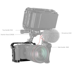 SmallRig 4212 -kuvaushäkillä varustettu Canon EOS R8 on varustettu korostetuilla lisävarusteilla: yläkahva (3765), monitorikiinnike (2903B), sivukahva (3260) ja mikrofoni (3468). Jokainen lisävaruste on merkitty ja kommentoitu selkeästi.