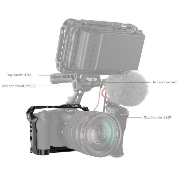 SmallRig 4212 -kuvaushäkillä varustettu Canon EOS R8 on varustettu korostetuilla lisävarusteilla: yläkahva (3765), monitorikiinnike (2903B), sivukahva (3260) ja mikrofoni (3468). Jokainen lisävaruste on merkitty ja kommentoitu selkeästi.