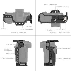 SmallRig 4214 Cage for Canon EOS R50 on esillä neljästä kulmasta, ja siinä korostuvat ARRI-paikannusreiät, hihna-aukot, 1/4-20- ja 3/8-16-kierteet, kylmäkenkä, NATO-kisko, Arca-Swiss-levy, QD-pistorasia ja jakoavainpaikka.