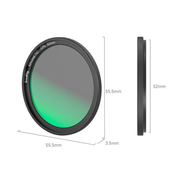 SmallRig 4216 MagEase Magneettinen CPL-suodatinsarja (52MM) on esitetty edestä ja sivulta, ja sen halkaisija on 55,5 mm, sisähalkaisija 52 mm ja paksuus 3,5 mm; sen pinta heijastaa vihreää.