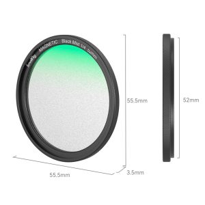 SmallRig 4217 MagEase Magnetic 1/4 Effect Black Mist Filter Kit 52mm, joka on esitetty pyöreänä kameran linssisuodattimena, jonka yläreunassa on hieman vihreä sävy, on halkaisijaltaan 55,5 mm, paksuudeltaan 3,5 mm ja korkeudeltaan 52 mm.