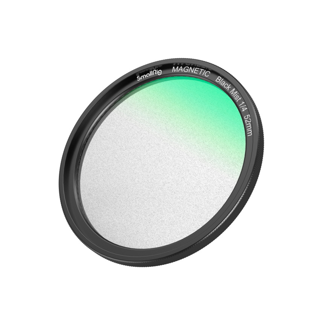 SmallRig 4217 MagEase Magnetic 1/4 Effect Black Mist Filter Kit 52mm -suodattimessa on musta metallireuna ja läpikuultava lasikeskus, jossa on vihreä sävy.