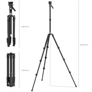 SmallRig 4221 Travel Video Tripod Kit on esitetty kokoontaitettuna 410 mm:n, osittain ulosvedettynä 560 mm:n ja täysin ulosvedettynä 1600 mm:n mitoilla. Siinä on säädettävät jalat ja kiinnityspää.