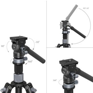 SmallRig 4221 Travel Video Tripod Kitin musta jalustapää, jossa on kahva, kääntyy 360° vaakasuoraan ja kallistuu 90° -55°, kuten kolmessa lähikuvassa näkyy, jotka korostavat sen säädettävää liikettä ja joustavaa asemointia.