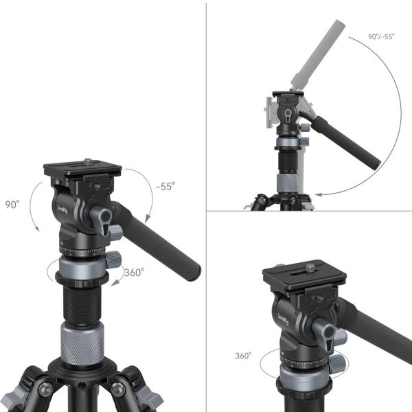 SmallRig 4221 Travel Video Tripod Kitin musta jalustapää, jossa on kahva, kääntyy 360° vaakasuoraan ja kallistuu 90° -55°, kuten kolmessa lähikuvassa näkyy, jotka korostavat sen säädettävää liikettä ja joustavaa asemointia.