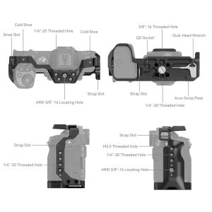 SmallRig 4230 Cage for Fujifilm X-S20 on esillä neljästä kulmasta, ja siinä korostuvat kylmäkenkäkiinnikkeet, hihna-aukot, useat kierrereiät, QD-pistorasia, kaksoispääavain, Arca-Swiss-levy ja ARRI-paikannusreiät.
