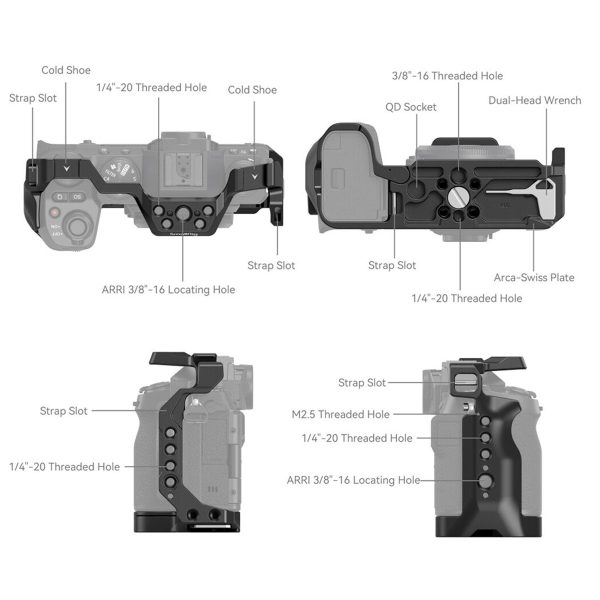 SmallRig 4230 Cage for Fujifilm X-S20 on esillä neljästä kulmasta, ja siinä korostuvat kylmäkenkäkiinnikkeet, hihna-aukot, useat kierrereiät, QD-pistorasia, kaksoispääavain, Arca-Swiss-levy ja ARRI-paikannusreiät.