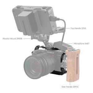 SmallRig 4230 Cage for Fujifilm X-S20 -asennus, jossa on monitorikiinnike 2903B, yläkahva 3765, mikrofoni 3487 ja puinen sivukahva 2093C kiinnitettynä kameraan.