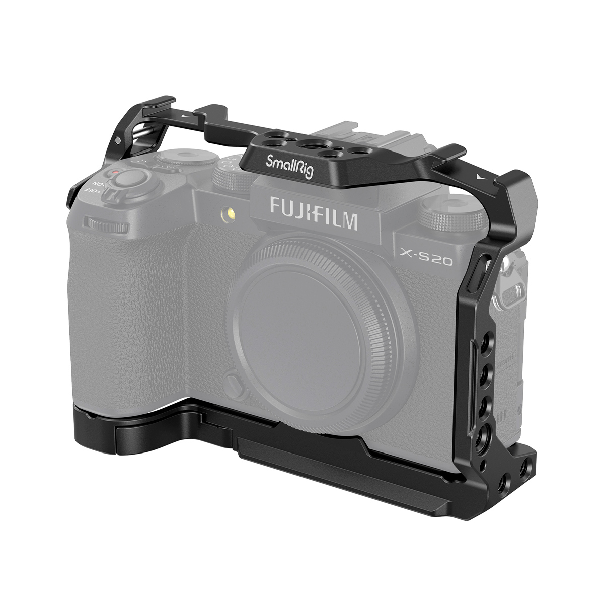 SmallRig-4230 SmallRig 4230 Cage for Fujifilm X-S20, kuvassa mustaa metallia harmaasävyisen X-S20-kameran päällä, tarjoaa lisäsuojaa ja useita kiinnityspisteitä videotarvikkeille.