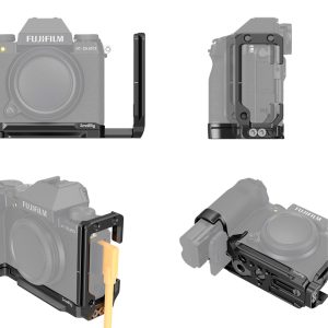 Neljä näkymää Fujifilm X-S20 -kamerasta, johon on asennettu SmallRig 4231 L-muotoinen kiinnityslevy, jossa korostetaan eri kuvakulmia levyn istuvuuden, porttien saatavuuden ja sen monipuolisten kiinnitysvaihtoehtojen osoittamiseksi.